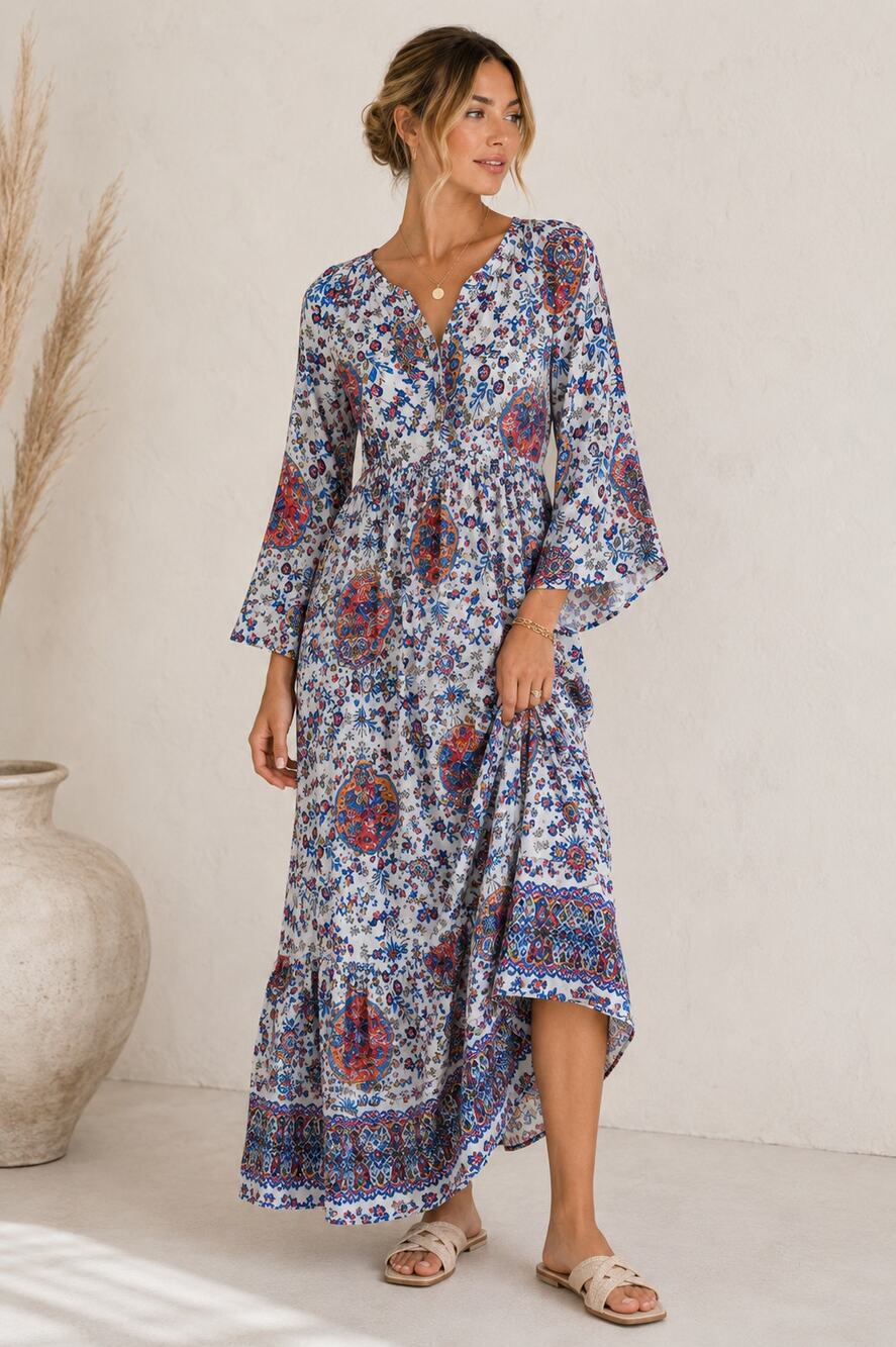 Boemo White Blue Paisley Floral Maxi Dress Womens L Boho Peasant Bell Sleeve